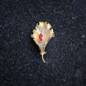 Gold Leaf Brooch with Red Marquise Stone and Clear Accents